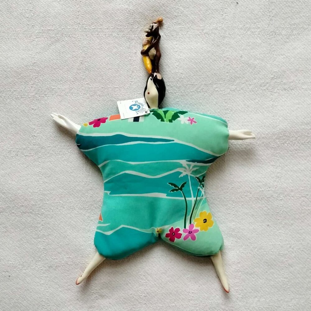 Whimsical Poupee Millet Lady Doll with Hawaiian dress, monkey and banana on head